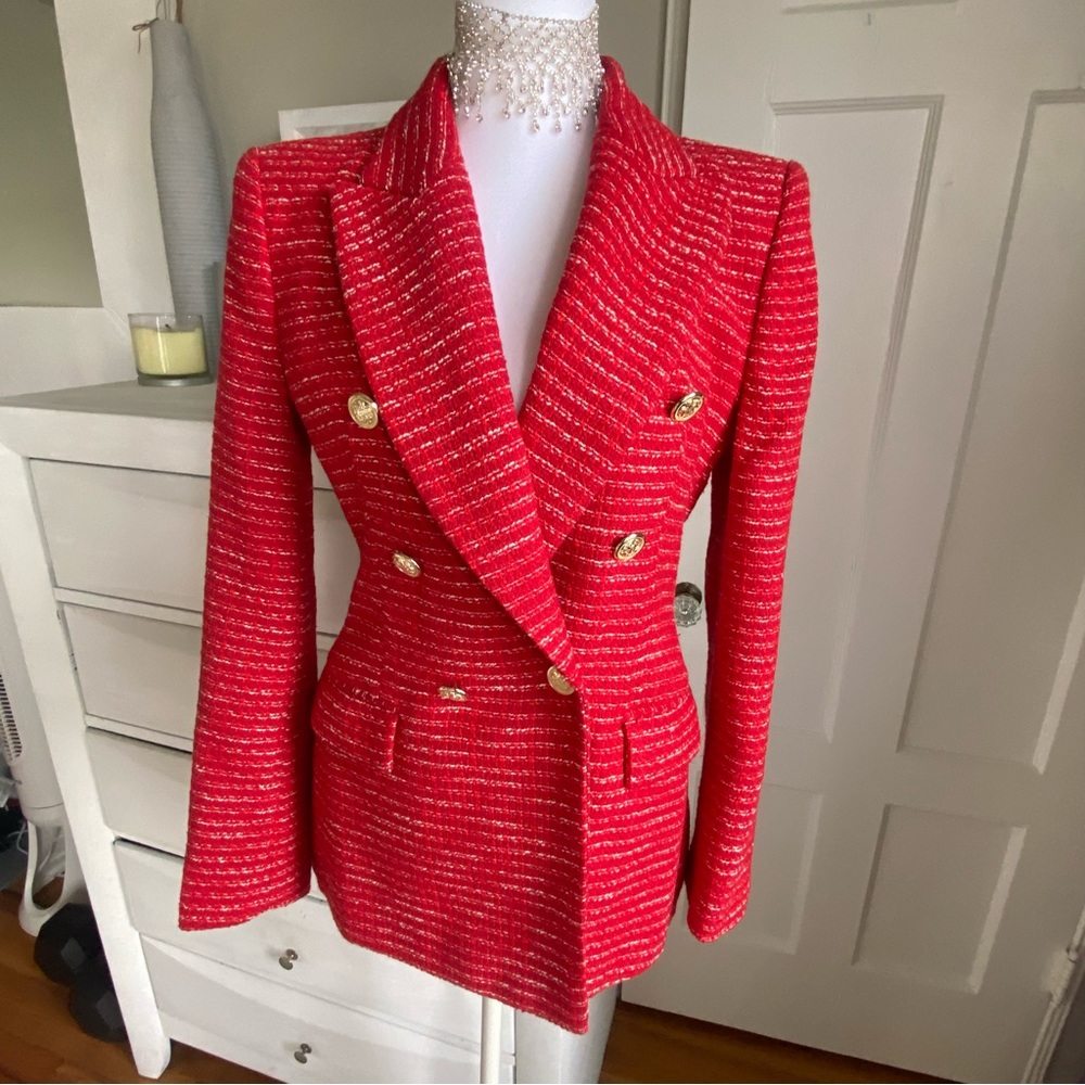 Zara blogger red woven sold out XS double breasted blazer gold accent buttons
